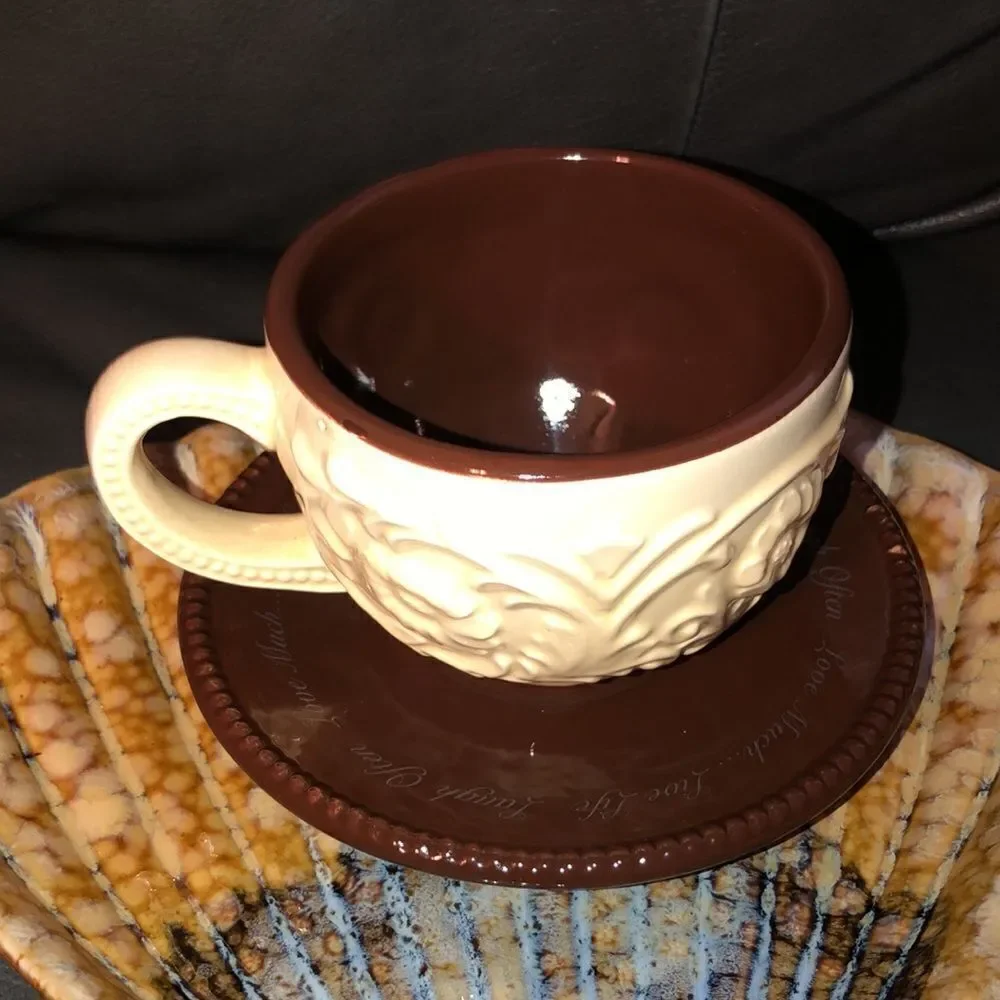 Live Laugh Love Cup & Saucer in Chocolate Brown and Ivory